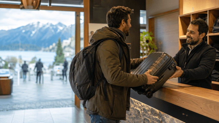 Traveler storing luggage in San Carlos de Bariloche before a lakefront day