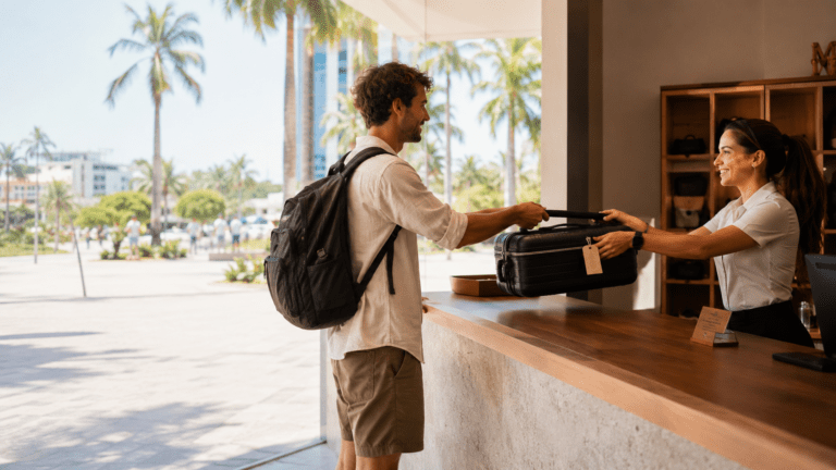 Traveler using luggage storage in Santa Cruz de la Sierra near plaza areas and airport routes