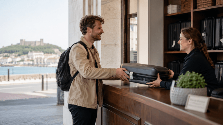 Traveler using luggage storage in Scarborough near seafront areas and castle walks