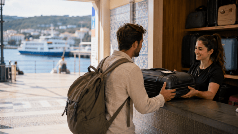 Traveler using luggage storage in Setubal near Sado riverfront and ferry points