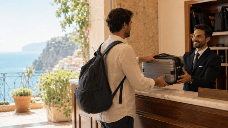 Traveler storing luggage in Sorrento before exploring the clifftops and ferry routes