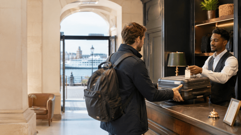 Traveler using luggage storage in Southampton near Ocean Village and cruise terminals
