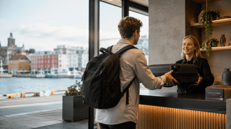 Traveler storing luggage in Stavanger before exploring the harbour and fjord routes