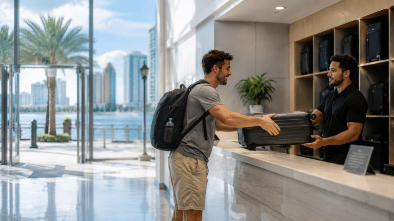 Traveler using luggage storage in Tampa near cruise areas and Riverwalk streets