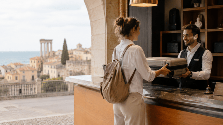 Traveler storing luggage in Tarragona before exploring the Roman ruins and seafront