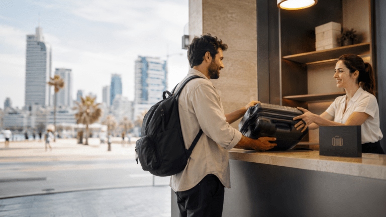 Traveler using luggage storage in Tel Aviv before exploring the beach and city centre