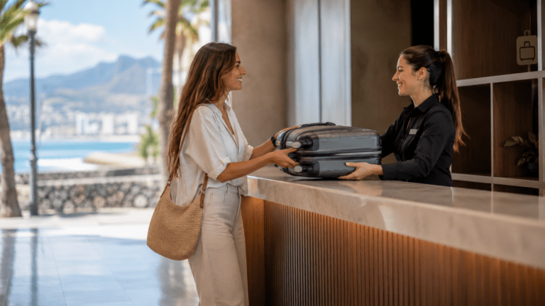Traveler using luggage storage in Tenerife before a beach day or island excursion