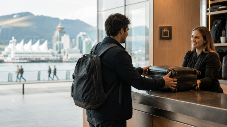 Traveller using luggage storage before exploring Vancouver waterfront