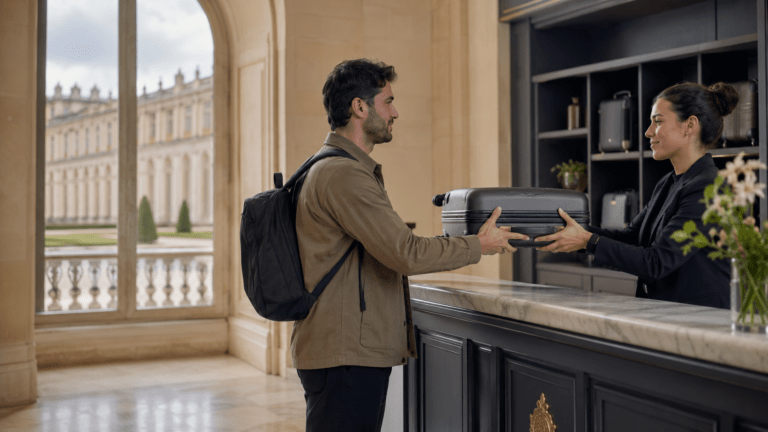 Traveler storing luggage in Versailles before visiting the palace and gardens