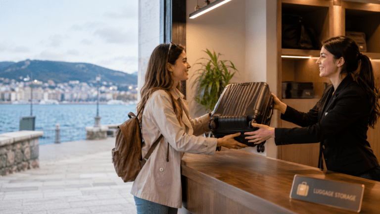 Traveler storing luggage in Vigo before exploring the harbour and island ferry routes