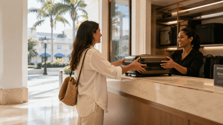 Traveler using luggage storage in West Palm Beach near Clematis Street and waterfront areas
