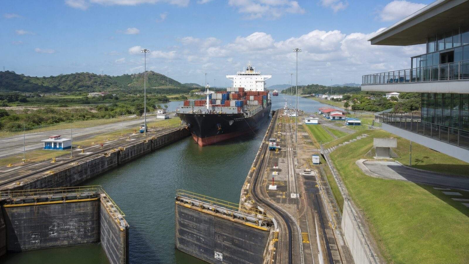 Large ship passing through Miraflores Locks at the Panama Canal