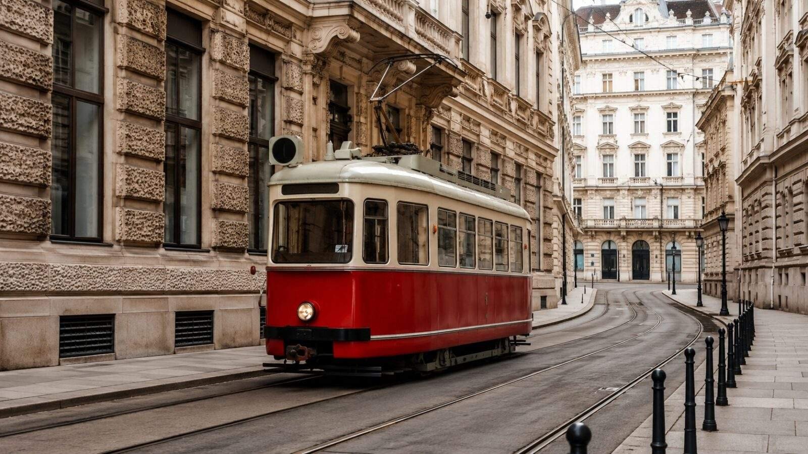 Vienna tram passing historic buildings in daylight
